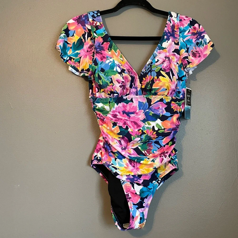 NWT Swim Solutions Sz 8 Garden Dreams Flutter Sleeve One-Piece Swimsuit Ret $102 - Picture 2 of 13